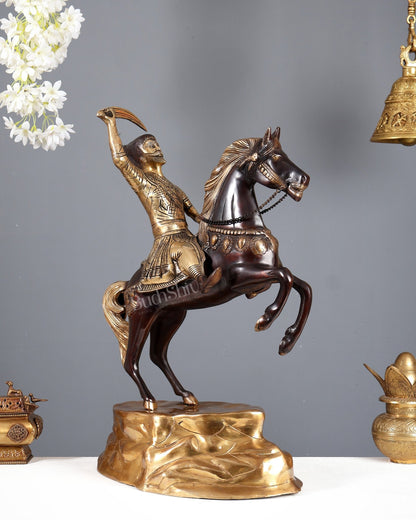 Brass Chhatrapati Shivaji Maharaj on Horse Statue – Large Warrior Sculpture Dual Tone Finish (22 Inches) - Budhshiv.com