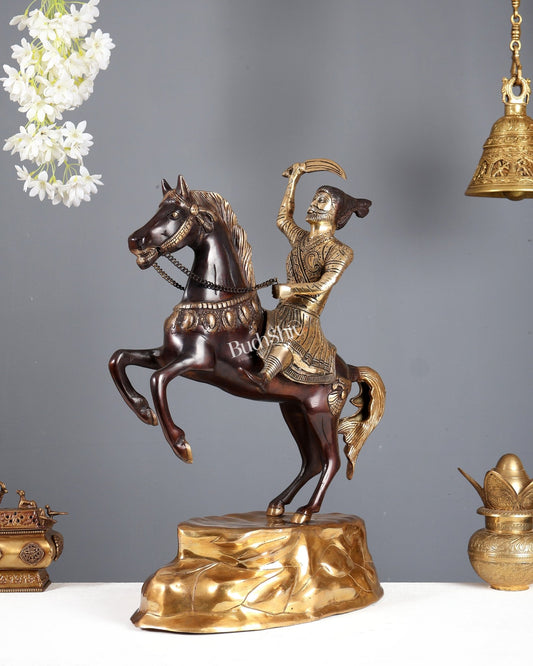Brass Chhatrapati Shivaji Maharaj on Horse Statue – Large Warrior Sculpture Dual Tone Finish (22 Inches) - Budhshiv.com
