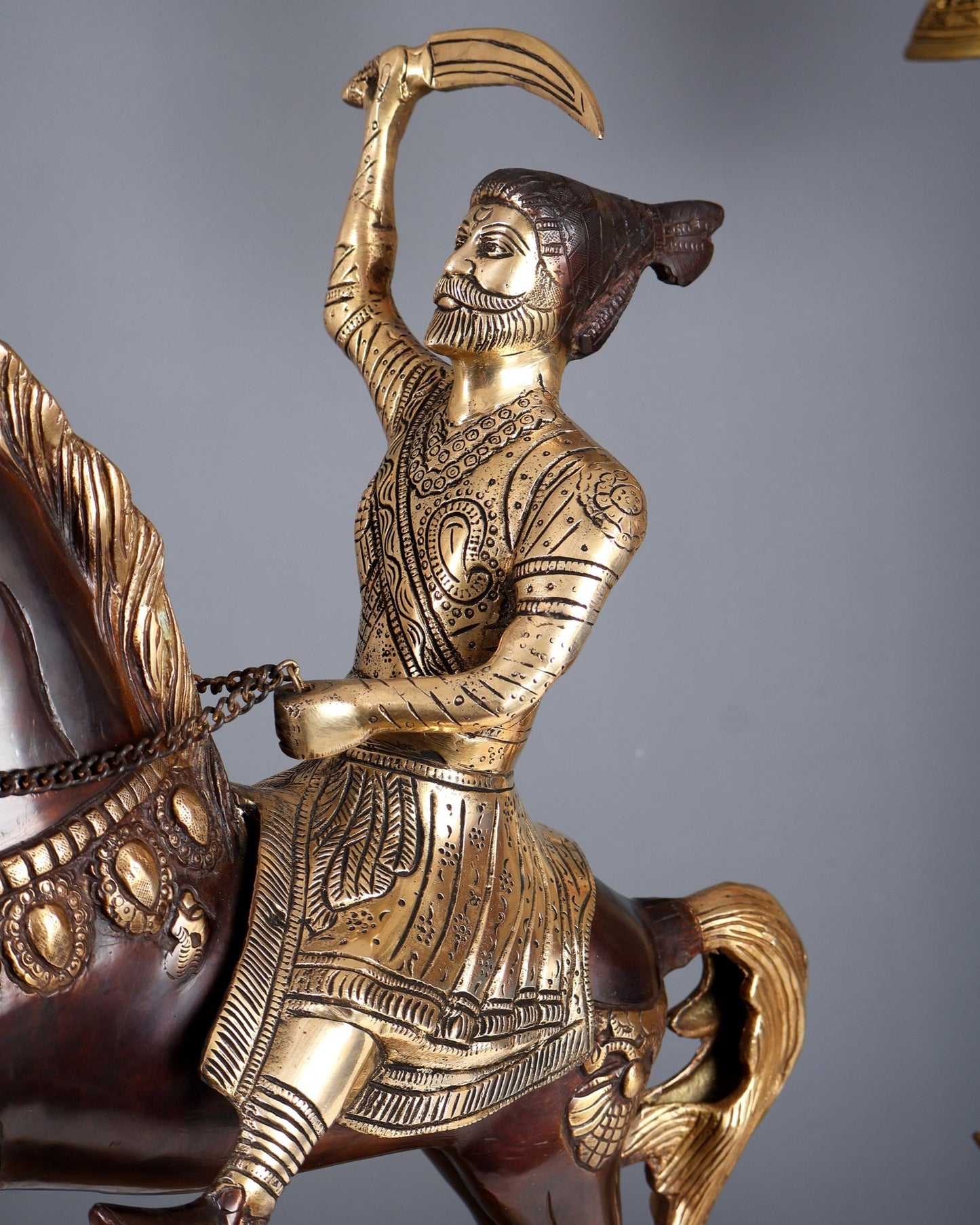 Brass Chhatrapati Shivaji Maharaj on Horse Statue – Large Warrior Sculpture Dual Tone Finish (22 Inches) - Budhshiv.com
