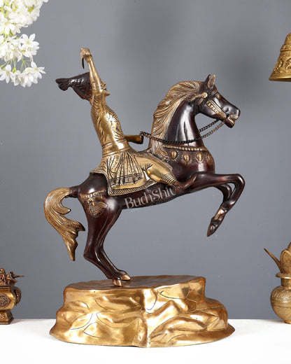 Brass Chhatrapati Shivaji Maharaj on Horse Statue – Large Warrior Sculpture Dual Tone Finish (22 Inches) - Budhshiv.com