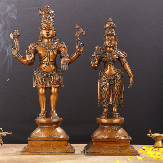 Brass Chola style Lord Shiva and Parvati Idol | 18" Height - Budhshiv.com