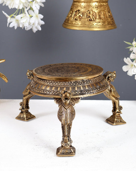 Brass Chowki with Yali Design Legs – Auspicious Bajot Pedestal for God Idols 5.5" - Budhshiv.com