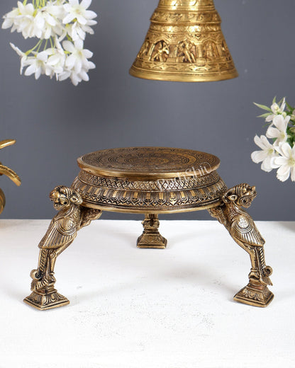 Brass Chowki with Yali Design Legs – Auspicious Bajot Pedestal for God Idols 5.5" - Budhshiv.com