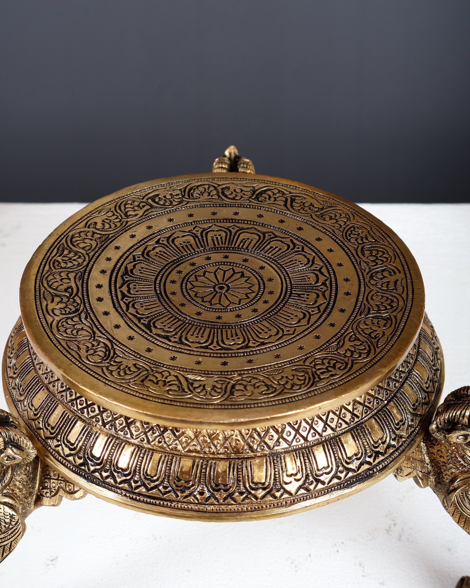 Brass Chowki with Yali Design Legs – Auspicious Bajot Pedestal for God Idols 5.5" - Budhshiv.com