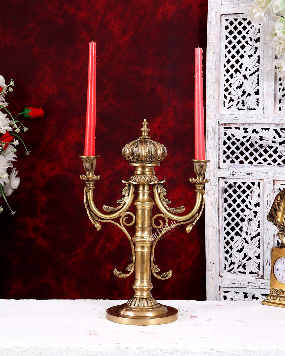 Brass Classic Dual Candle Stand — English Style 16 inch - Budhshiv.com
