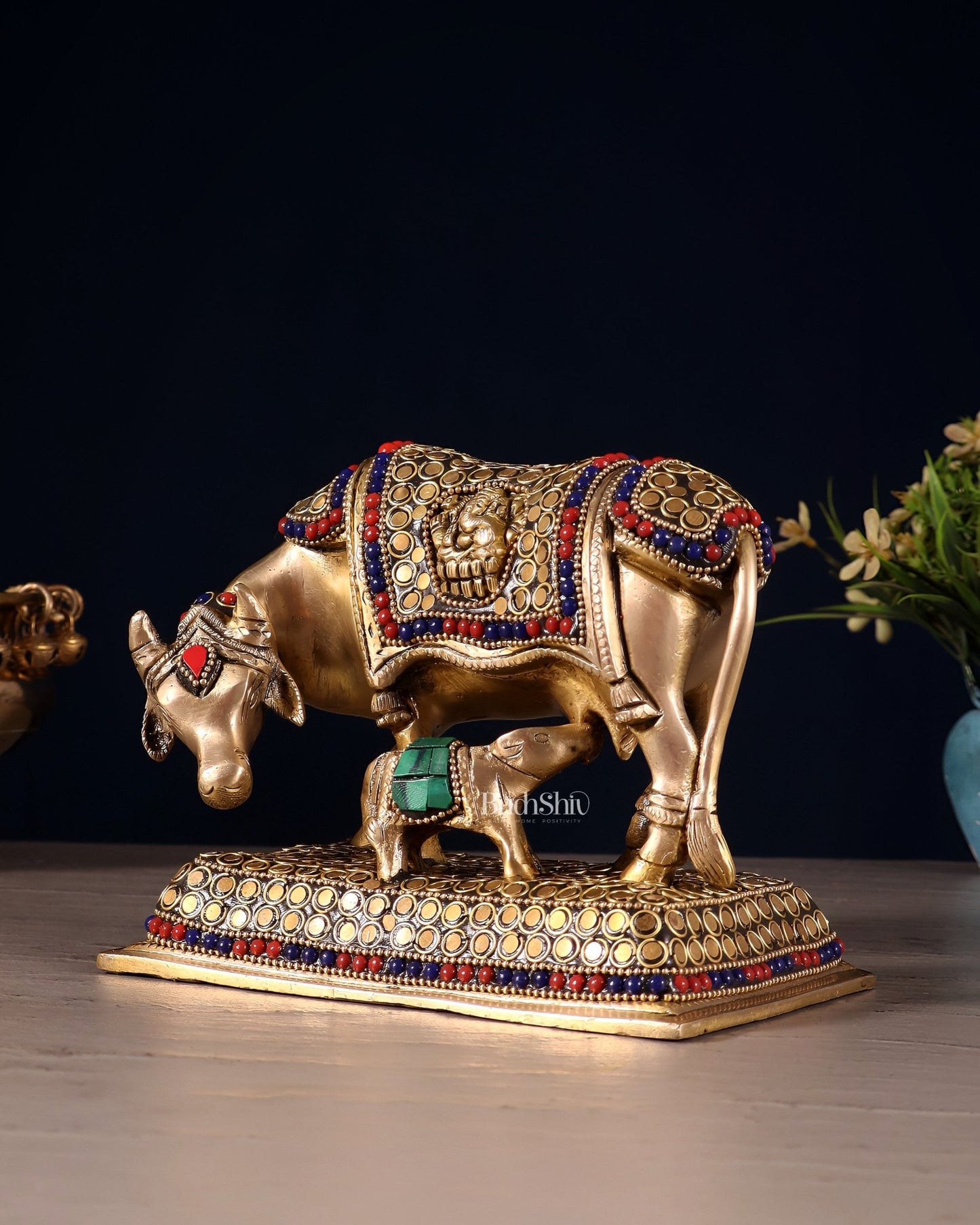 Brass Cow and Calf Kamdhenu Idol | Engraved with Ganesha and Lakshmi 6 inch - Budhshiv.com