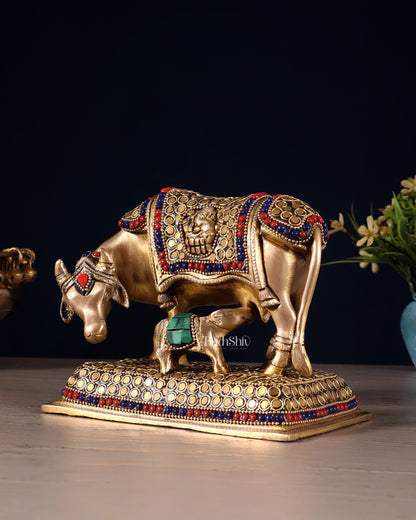 Brass Cow and Calf Kamdhenu Idol | Engraved with Ganesha and Lakshmi 6 inch - Budhshiv.com