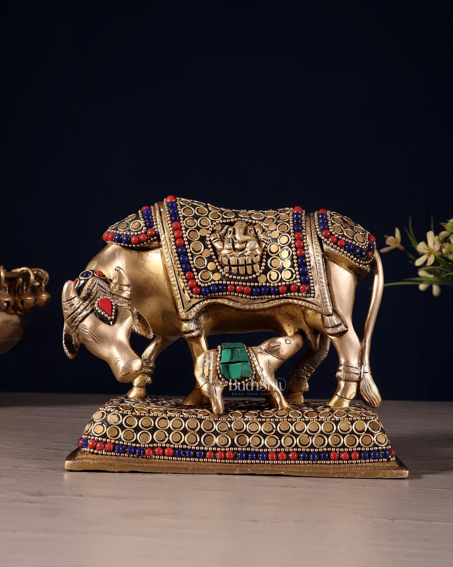 Brass Cow and Calf Kamdhenu Idol | Engraved with Ganesha and Lakshmi 6 inch - Budhshiv.com