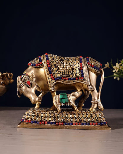 Brass Cow and Calf Kamdhenu Idol | Engraved with Ganesha and Lakshmi 6 inch - Budhshiv.com