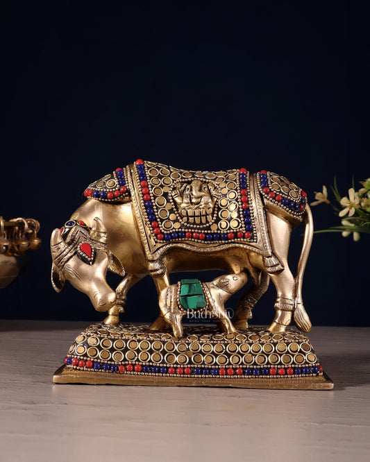 Brass Cow and Calf Kamdhenu Idol | Engraved with Ganesha and Lakshmi 6 inch - Budhshiv.com
