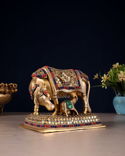 Brass Cow and Calf Kamdhenu Idol | Engraved with Ganesha and Lakshmi 6 inch - Budhshiv.com