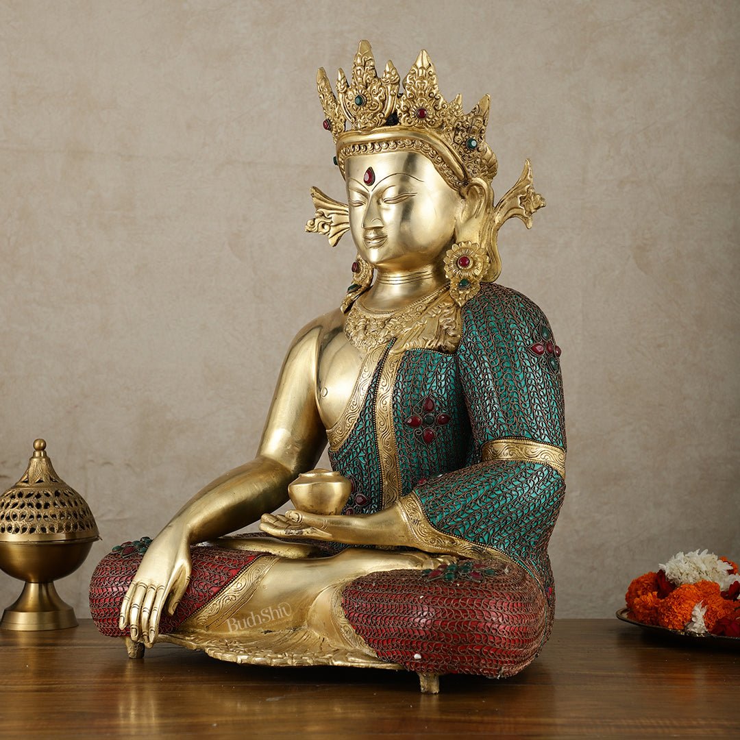 Brass Crown Buddha Statue with Copper Wire Work - 22 Inch - Budhshiv.com