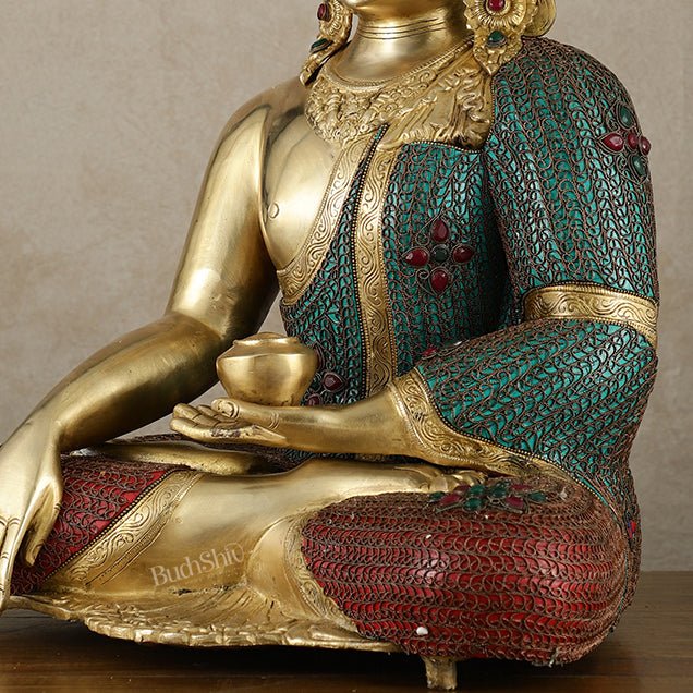 Brass Crown Buddha Statue with Copper Wire Work - 22 Inch - Budhshiv.com