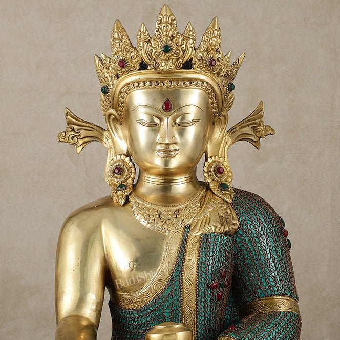 Brass Crown Buddha Statue with Copper Wire Work - 22 Inch - Budhshiv.com