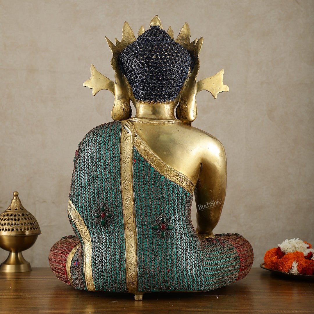 Brass Crown Buddha Statue with Copper Wire Work - 22 Inch - Budhshiv.com