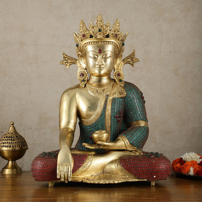 Brass Crown Buddha Statue with Copper Wire Work - 22 Inch - Budhshiv.com