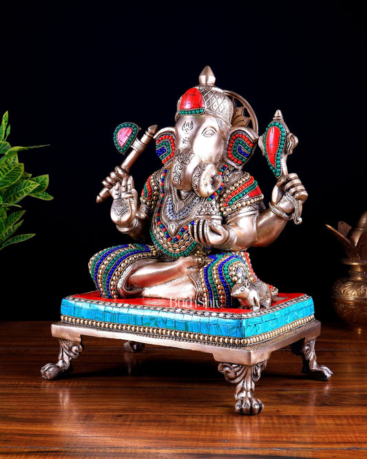 Brass Dagduseth Ganapati Statue 14" with stonework - Budhshiv.com