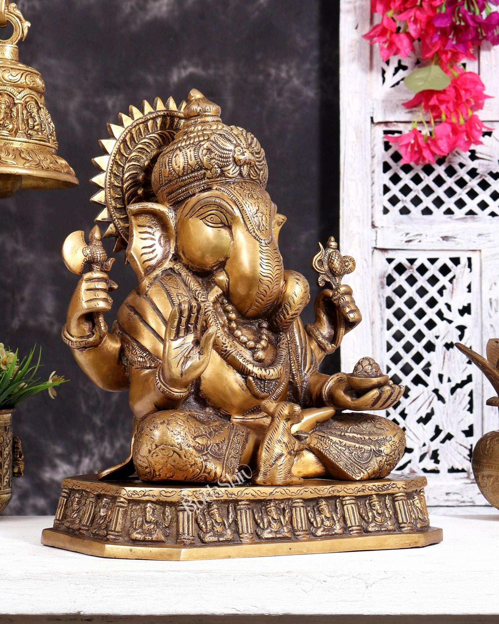 Brass Dagduseth Ganapati Statue – Divine Ganesh Idol (13.5 Inches) enhanced carvings - Budhshiv.com
