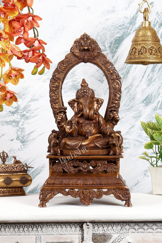 Brass Dagdusheth Ganesha on Singhasan Statue 20 inch - Budhshiv.com