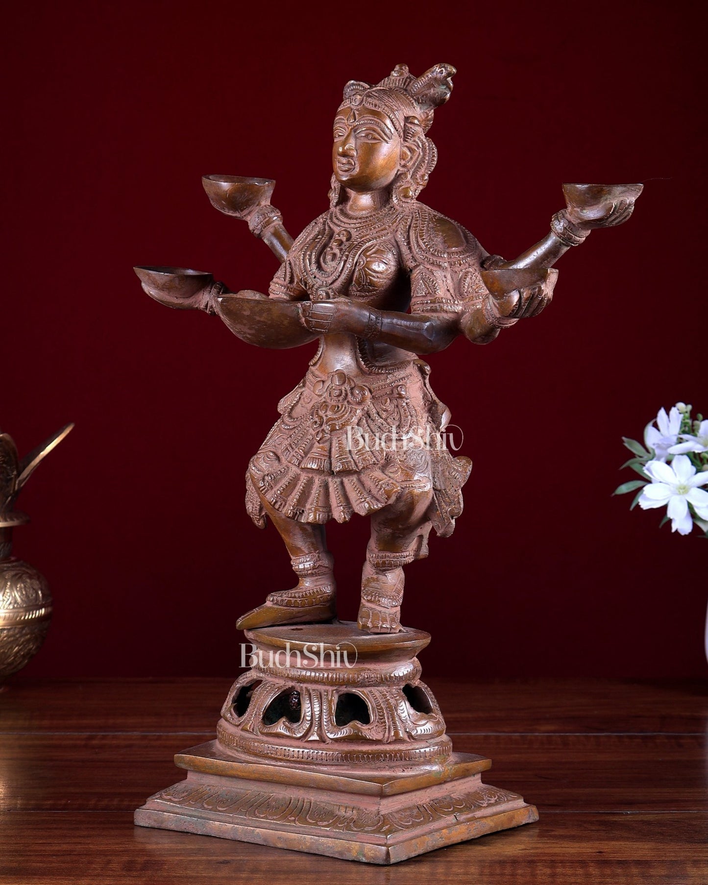 Brass Dancing Deep Lady Pavaai Vilakku | 6 Arms | 14 - inch - Budhshiv.com