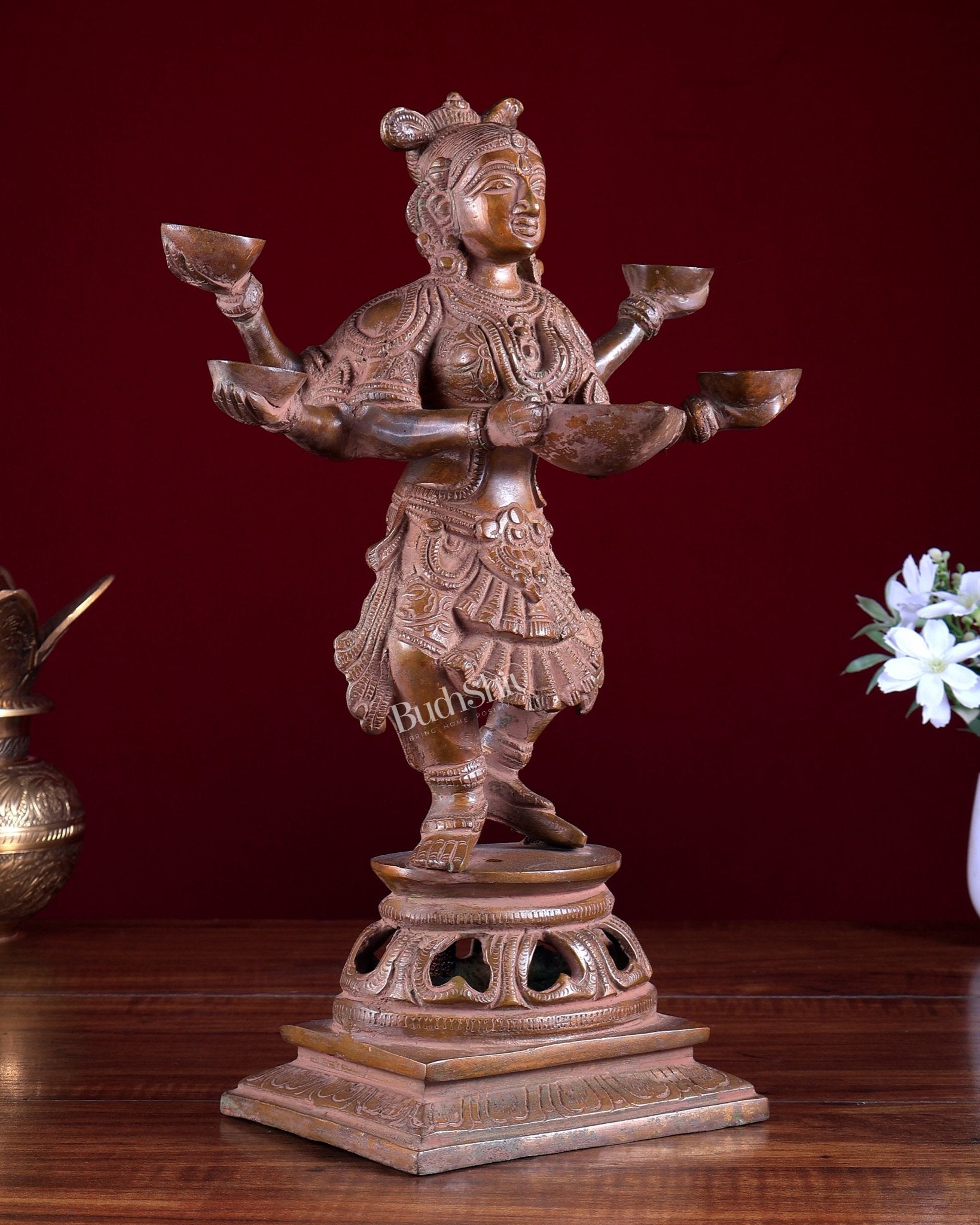 Brass Dancing Deep Lady Pavaai Vilakku | 6 Arms | 14 - inch - Budhshiv.com