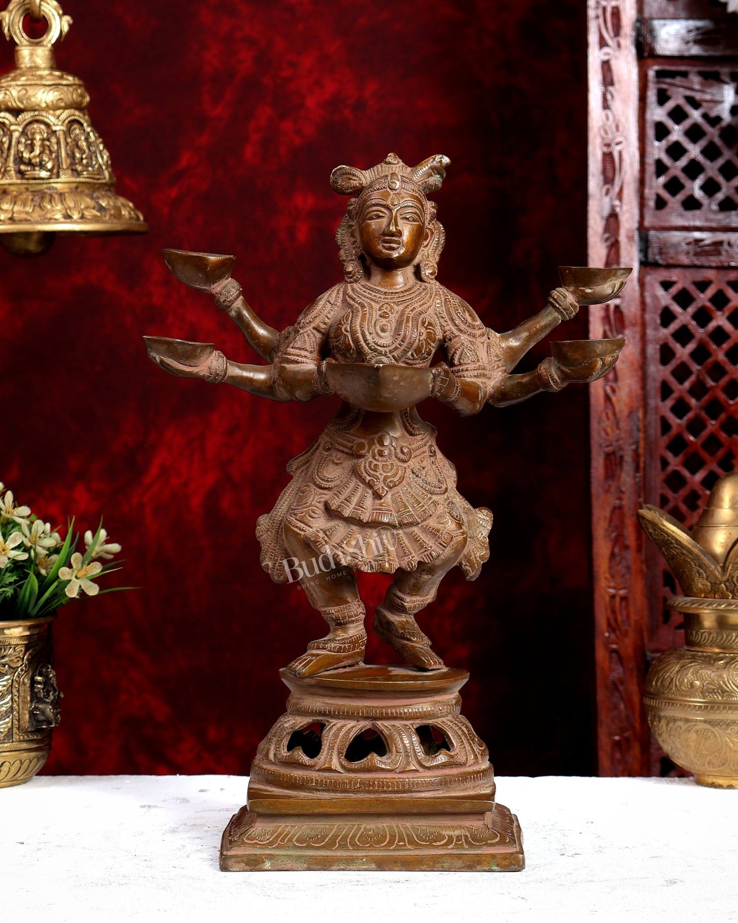 Brass Dancing Deep Lady Pavaai Vilakku | 6 Arms | 14-inch - Budhshiv.com