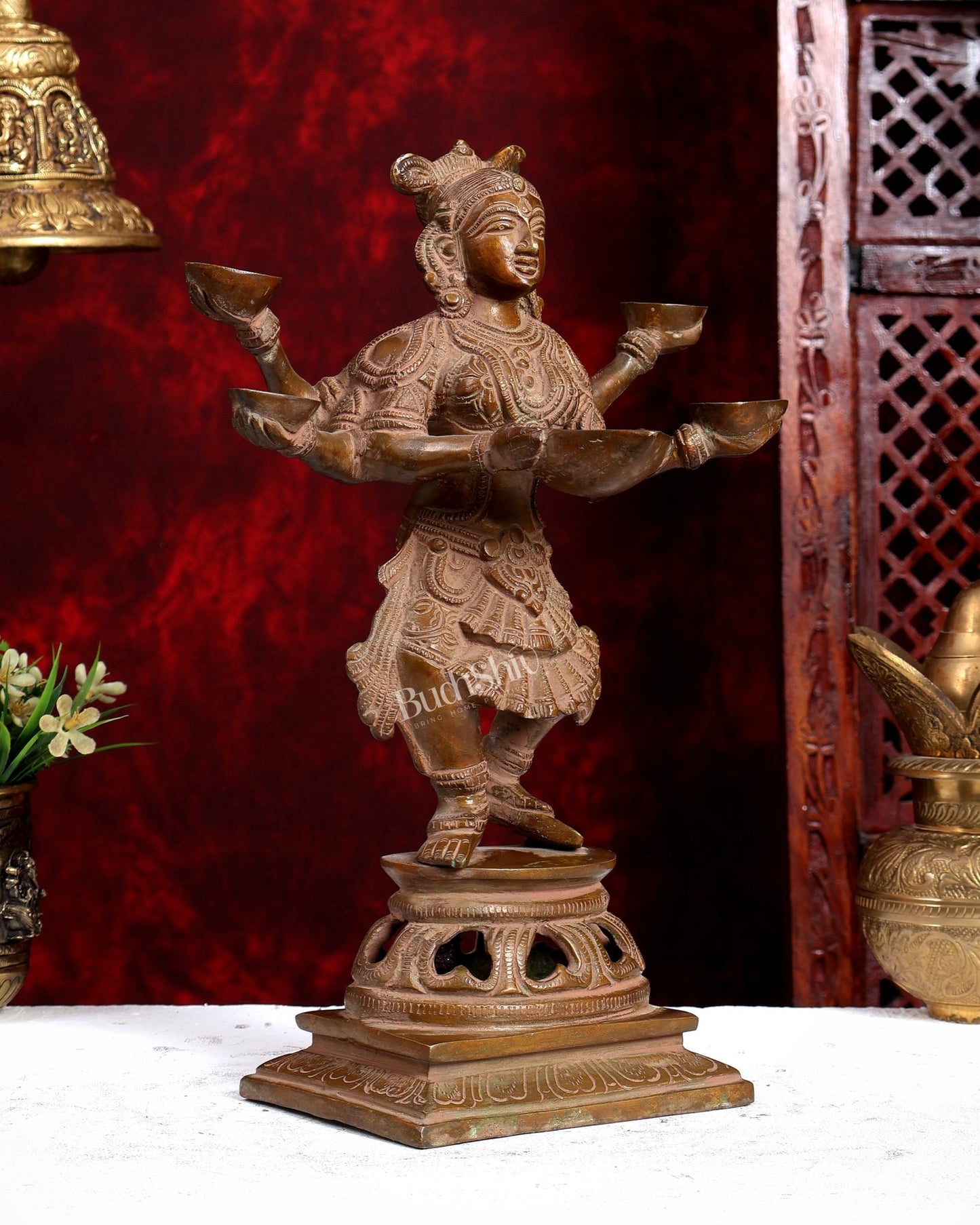 Brass Dancing Deep Lady Pavaai Vilakku | 6 Arms | 14-inch - Budhshiv.com