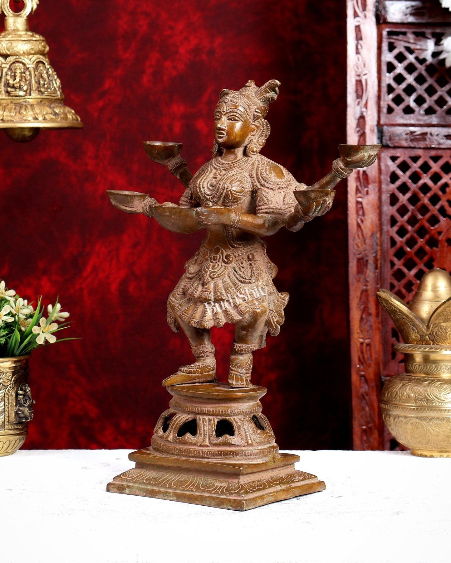 Brass Dancing Deep Lady Pavaai Vilakku | 6 Arms | 14-inch - Budhshiv.com