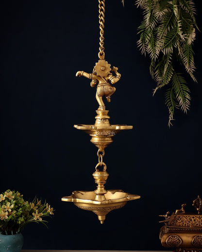 Brass Dancing Ganesha Hanging Lamp – Dual Design Elegance 28" - Budhshiv.com