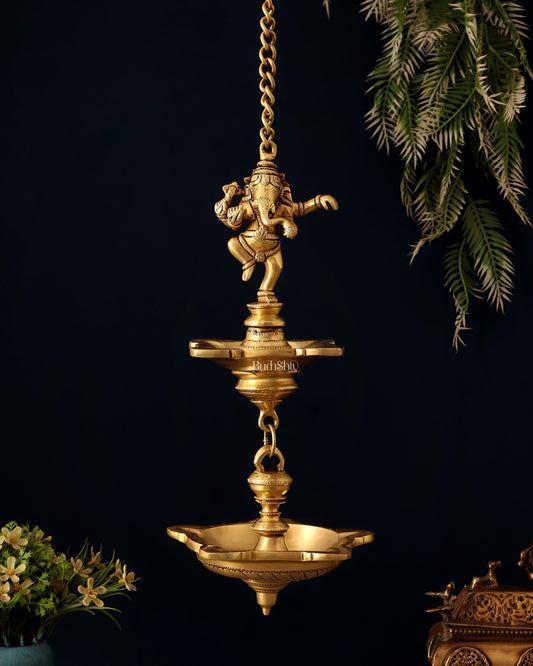 Brass Dancing Ganesha Hanging Lamp – Dual Design Elegance 28" - Budhshiv.com