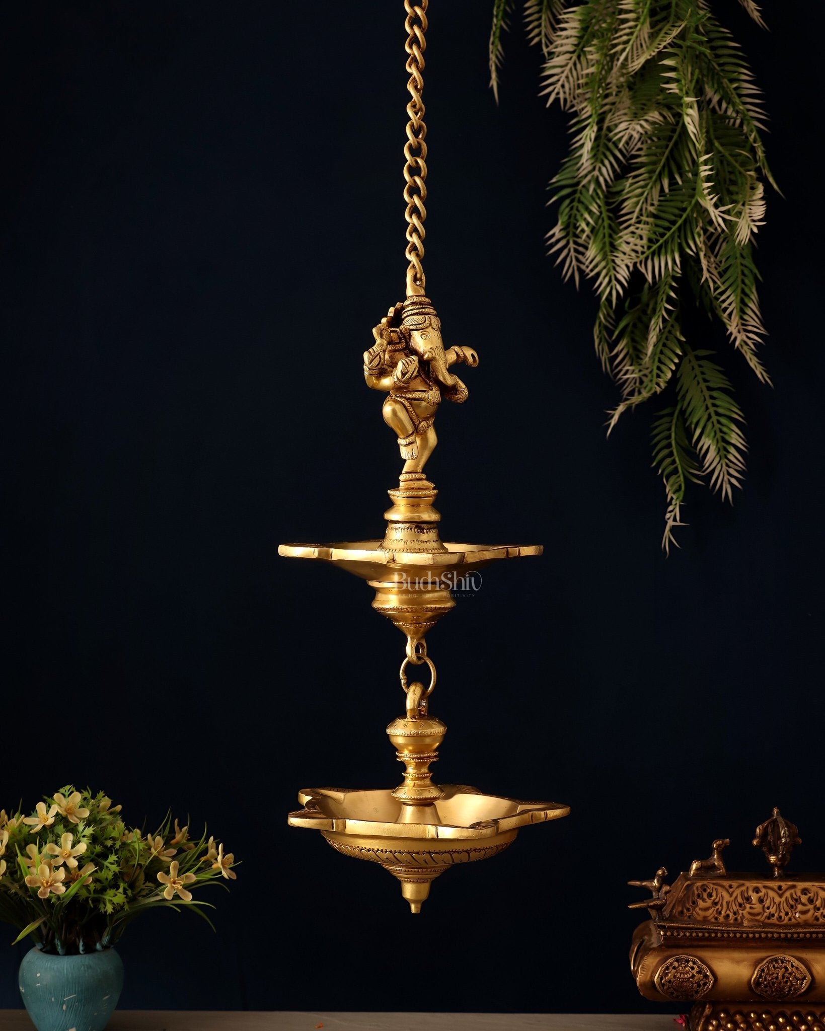 Brass Dancing Ganesha Hanging Lamp – Dual Design Elegance 28" - Budhshiv.com