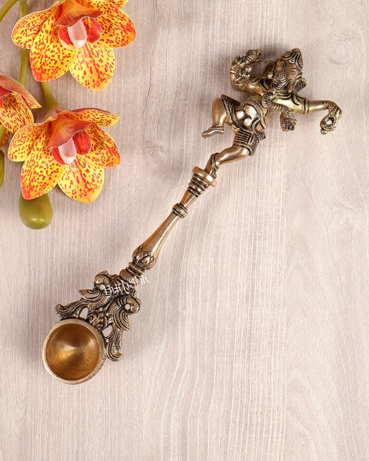 Brass Dancing Ganesha Hawan Spoon – Sruva Offering Ladle for Yagya & Pooja (11 Inches) - Budhshiv.com