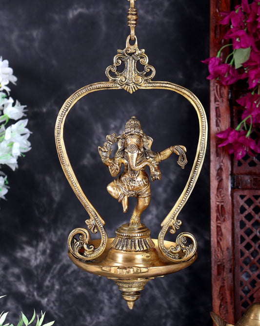 Brass Dancing Ganesha Oil Lamp – Vintage Hanging Deepam with Chain 38 inch - Budhshiv.com