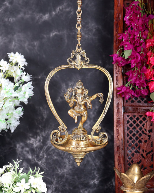 Brass Dancing Ganesha Oil Lamp – Vintage Hanging Deepam with Chain 38 inch - Budhshiv.com