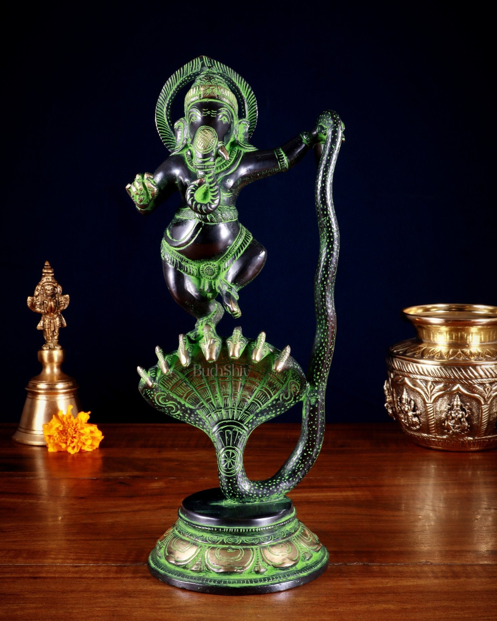 Brass Dancing Ganesha on Sheshanaag – 12” - Budhshiv.com