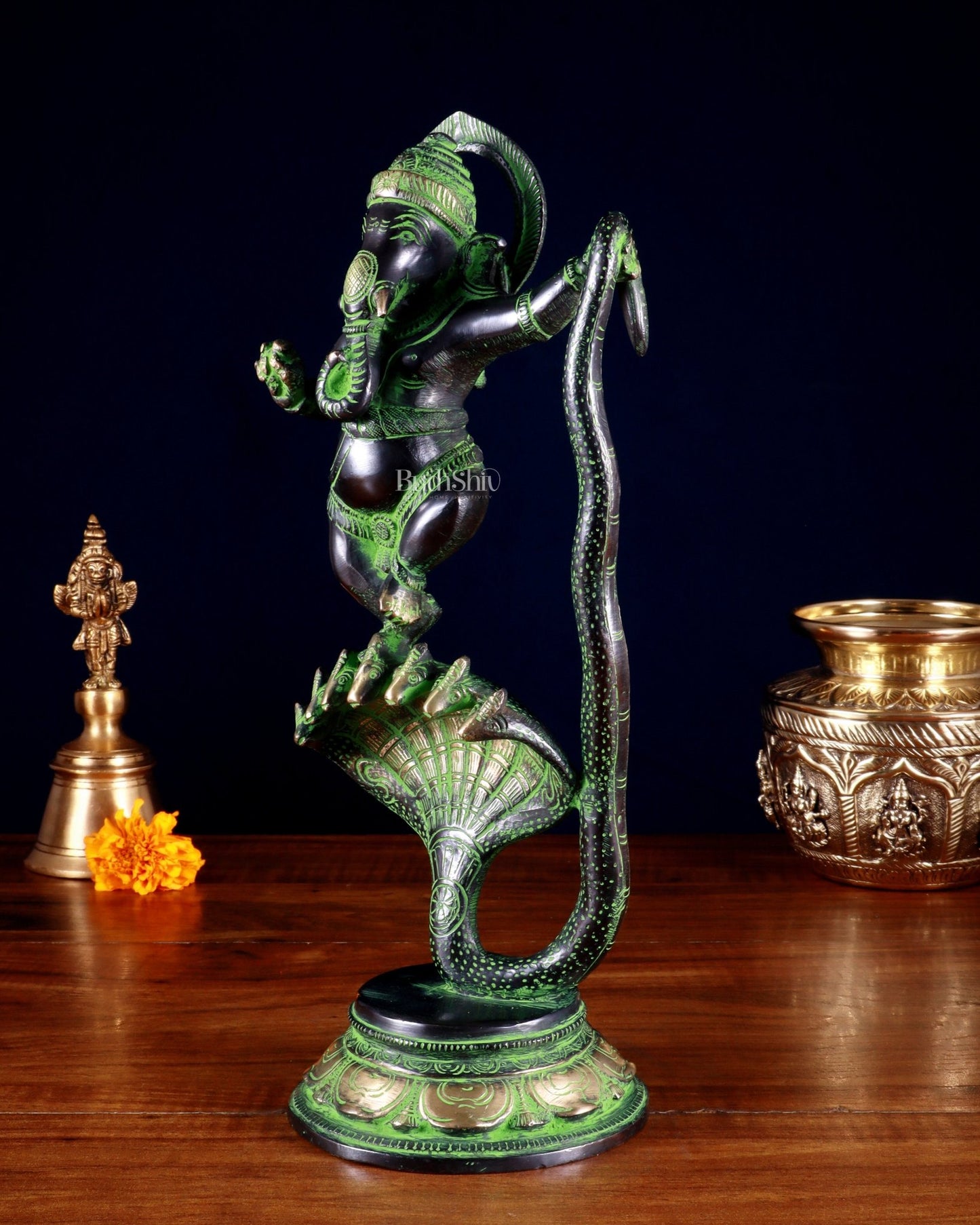 Brass Dancing Ganesha on Sheshanaag – 12” - Budhshiv.com