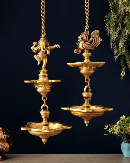 Brass Dancing Ganesha & Peacock Hanging Lamps 27 inch - Budhshiv.com
