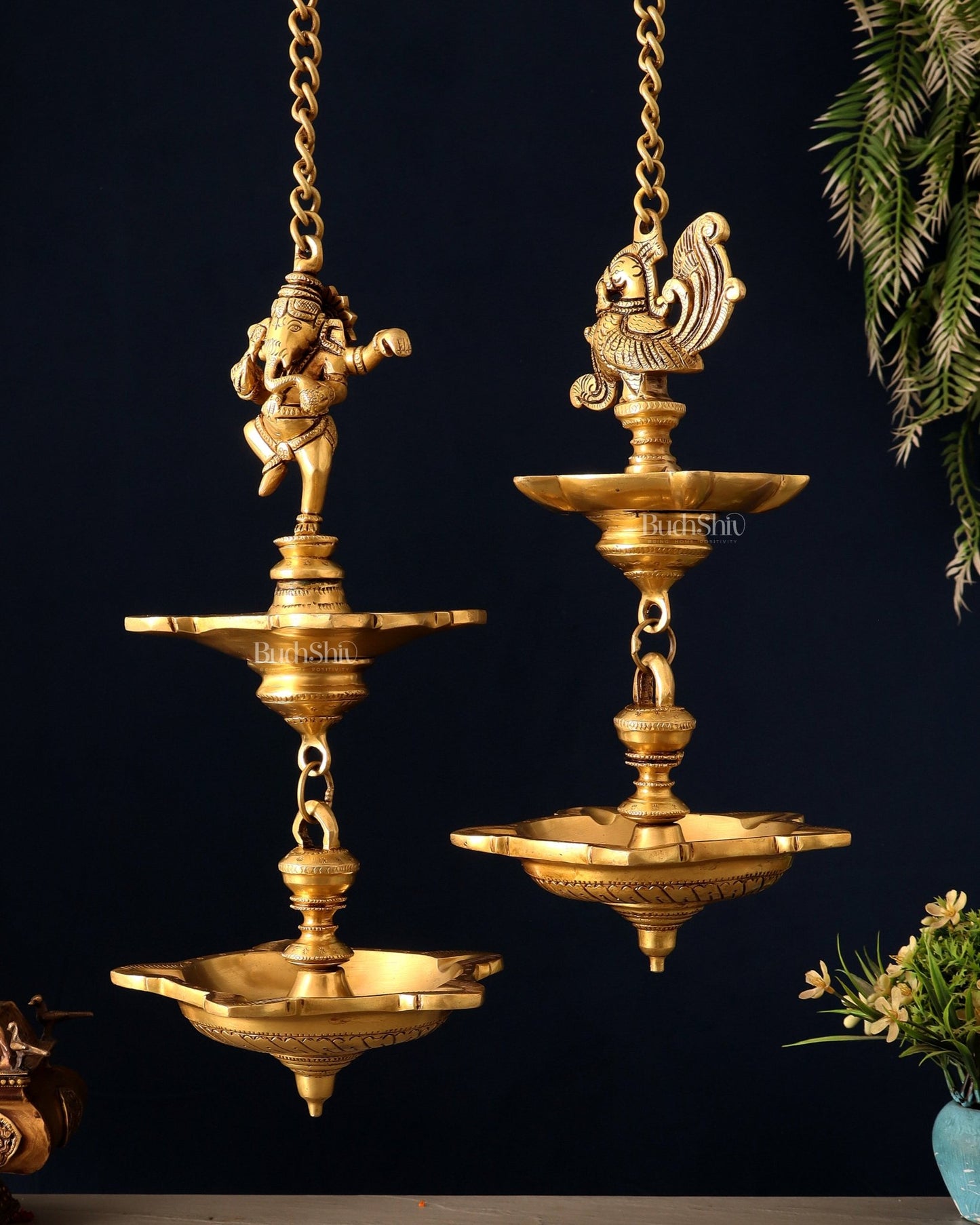 Brass Dancing Ganesha & Peacock Hanging Lamps 27 inch - Budhshiv.com