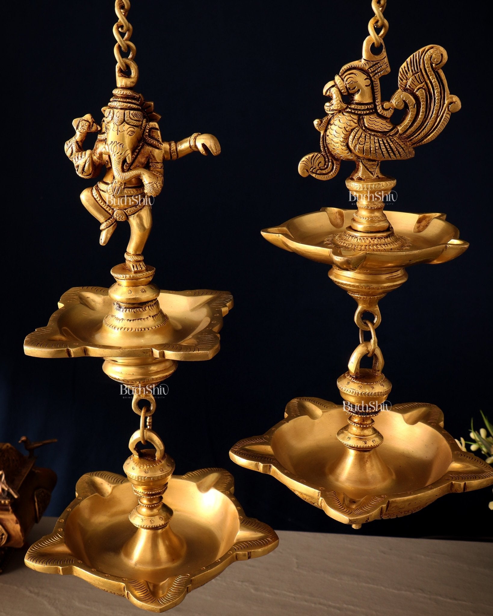 Brass Dancing Ganesha & Peacock Hanging Lamps 27 inch - Budhshiv.com