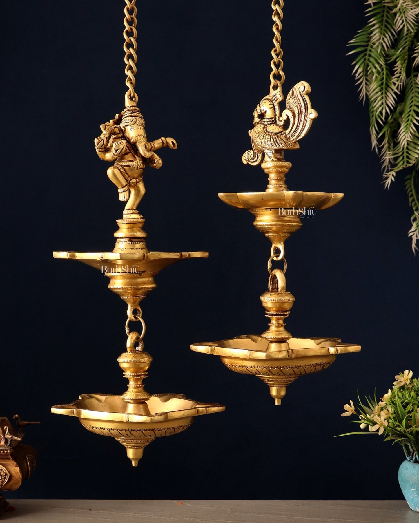 Brass Dancing Ganesha & Peacock Hanging Lamps 27 inch - Budhshiv.com