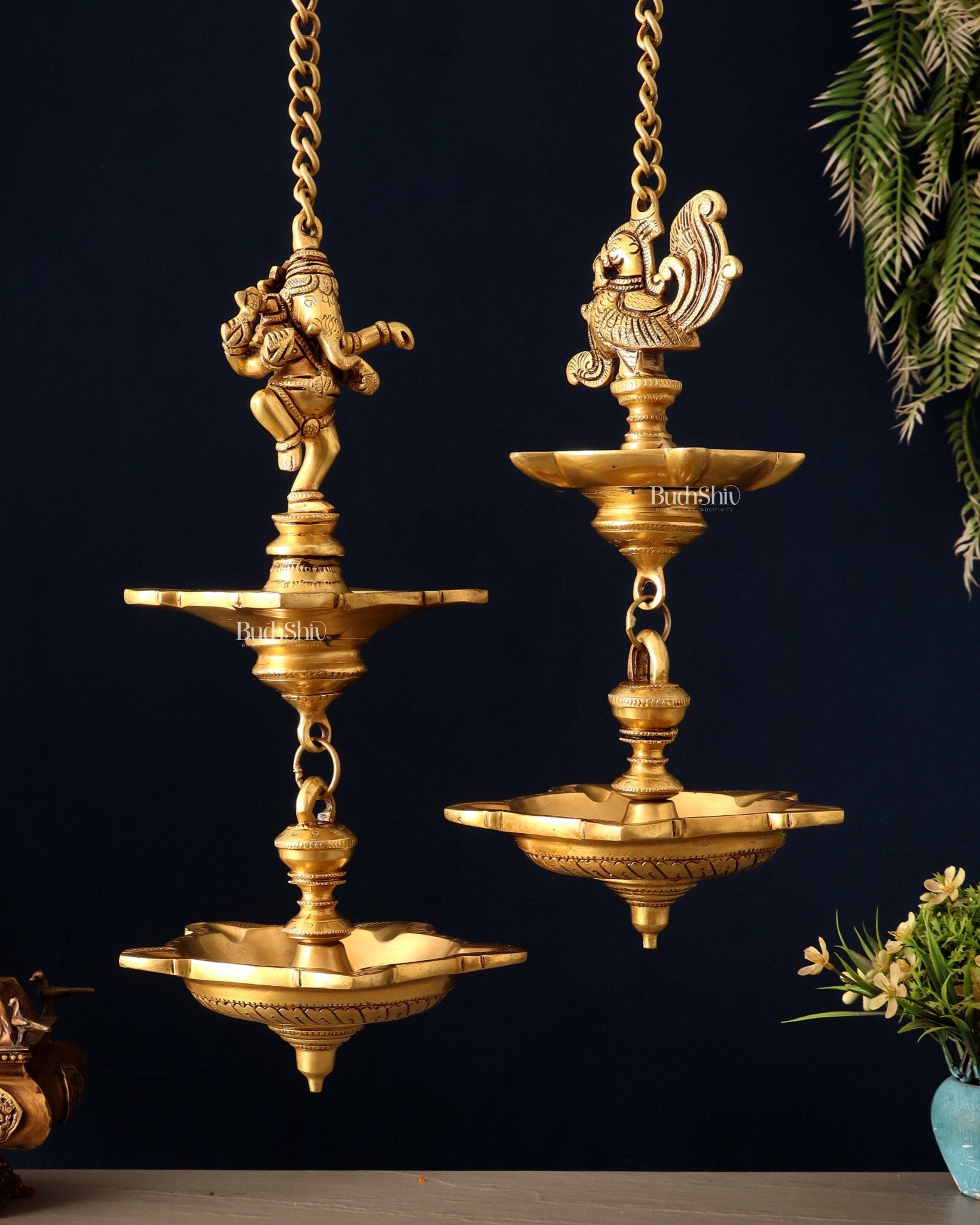 Brass Dancing Ganesha & Peacock Hanging Lamps 27 inch - Budhshiv.com