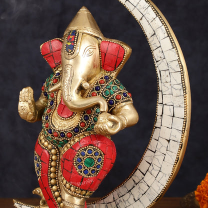 Brass Dancing Ganesha Showpiece with Meenakari Stonework - 10" Height - Budhshiv.com