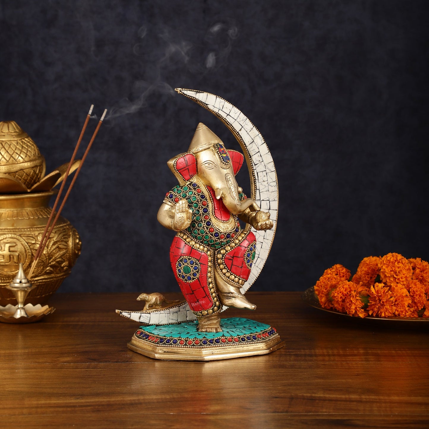 Brass Dancing Ganesha Showpiece with Meenakari Stonework - 10" Height - Budhshiv.com