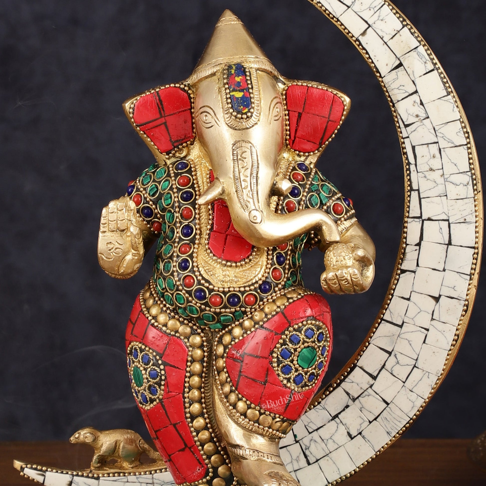 Brass Dancing Ganesha Showpiece with Meenakari Stonework - 10" Height - Budhshiv.com