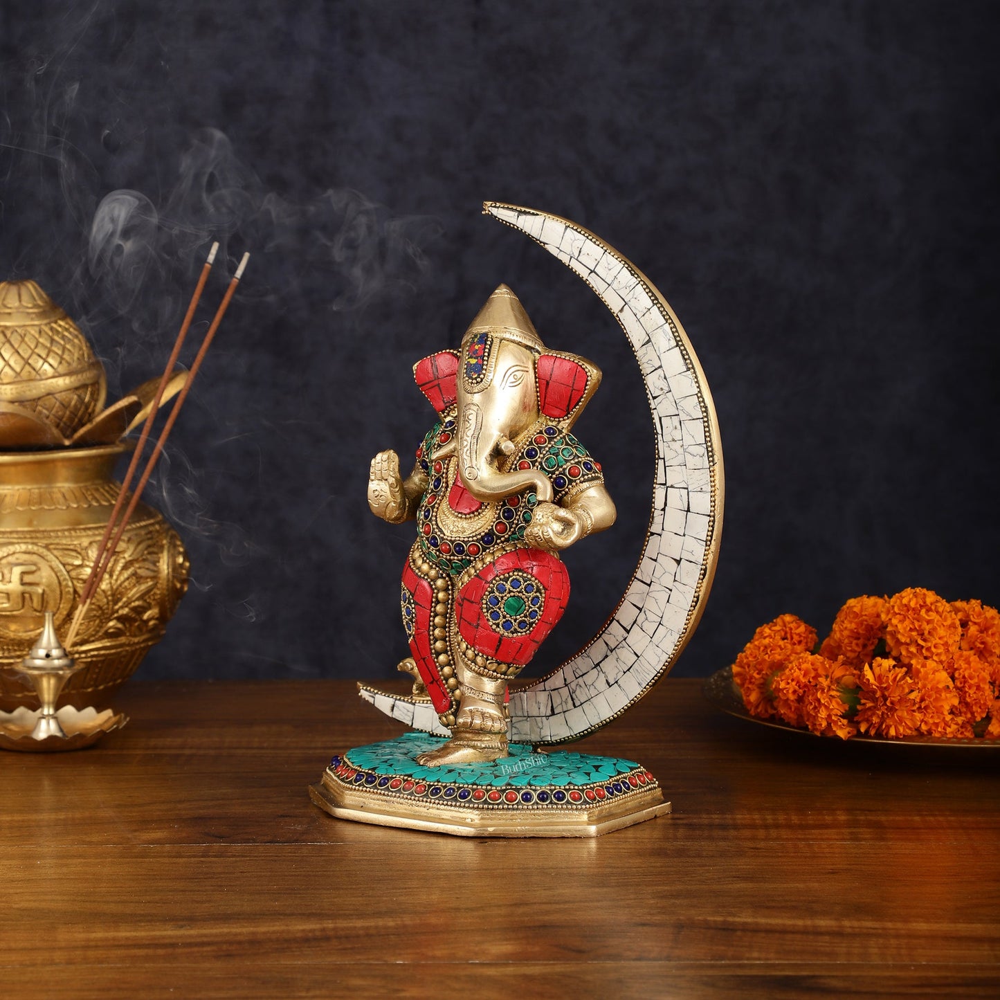 Brass Dancing Ganesha Showpiece with Meenakari Stonework - 10" Height - Budhshiv.com