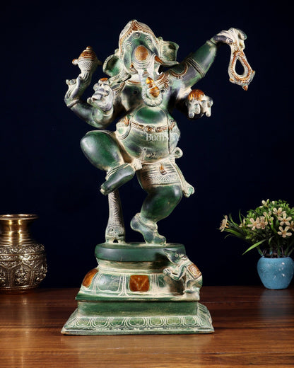 Brass Dancing Ganesha Statue - 17 inch vintage green patina - Budhshiv.com