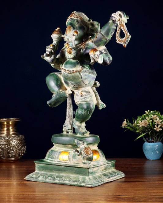 Brass Dancing Ganesha Statue - 17 inch vintage green patina - Budhshiv.com