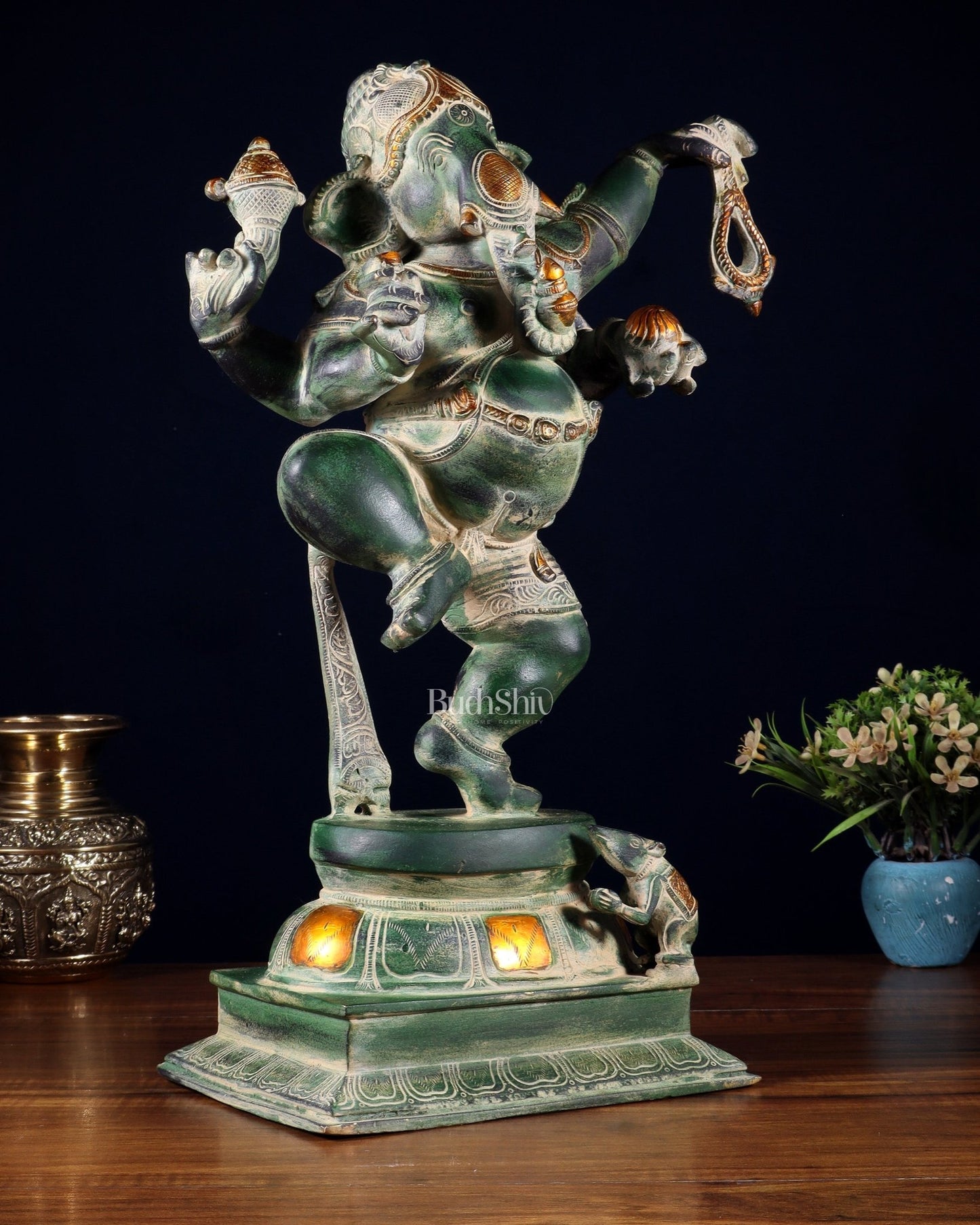 Brass Dancing Ganesha Statue - 17 inch vintage green patina - Budhshiv.com