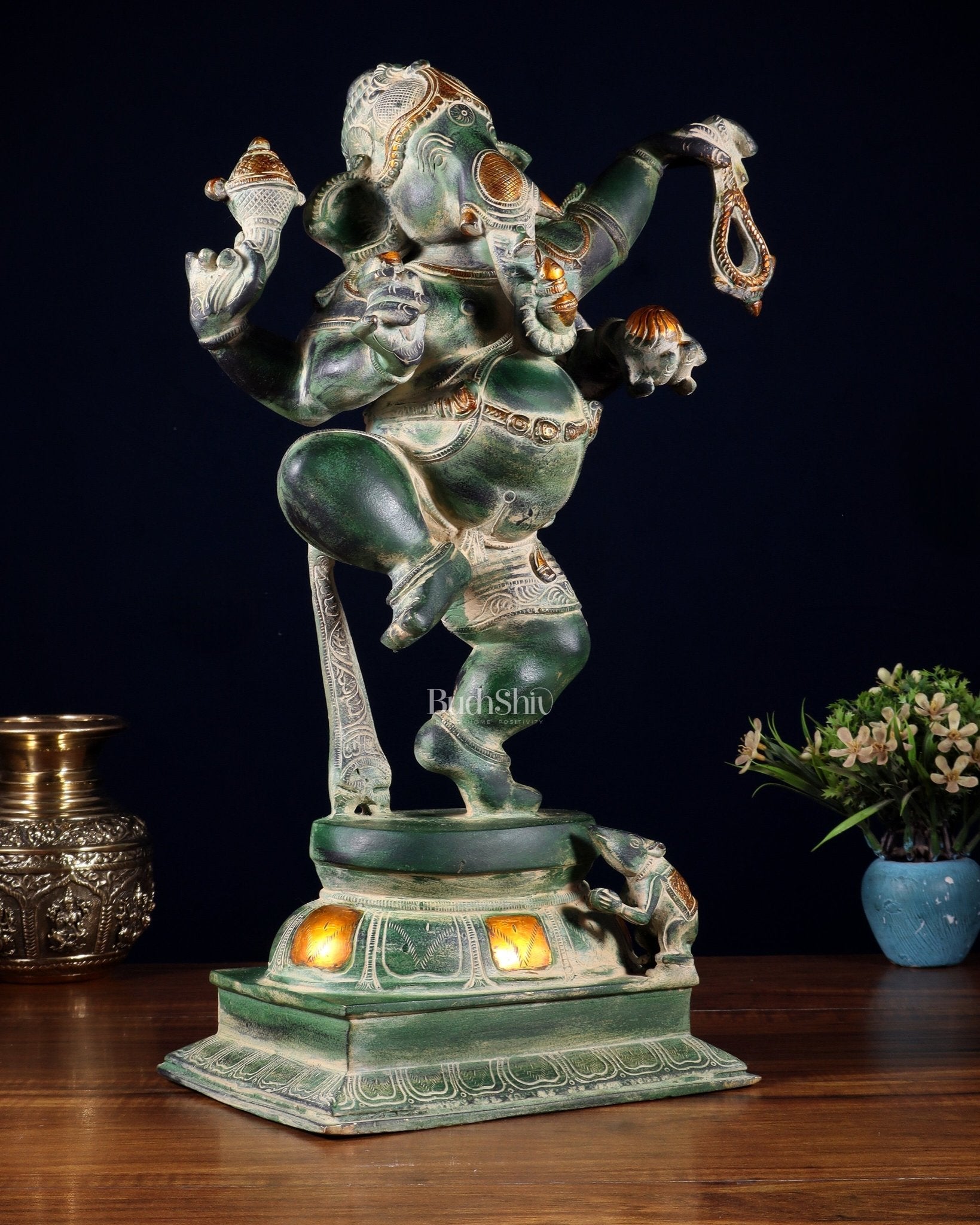 Brass Dancing Ganesha Statue - 17 inch vintage green patina - Budhshiv.com
