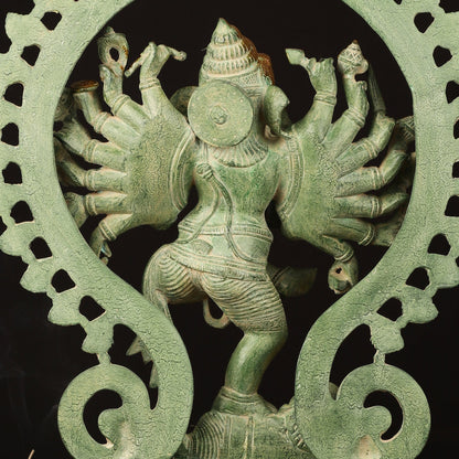 Brass Dancing Ganesha Statue - 25.5" Height, Antique Green Patina Finish - Budhshiv.com